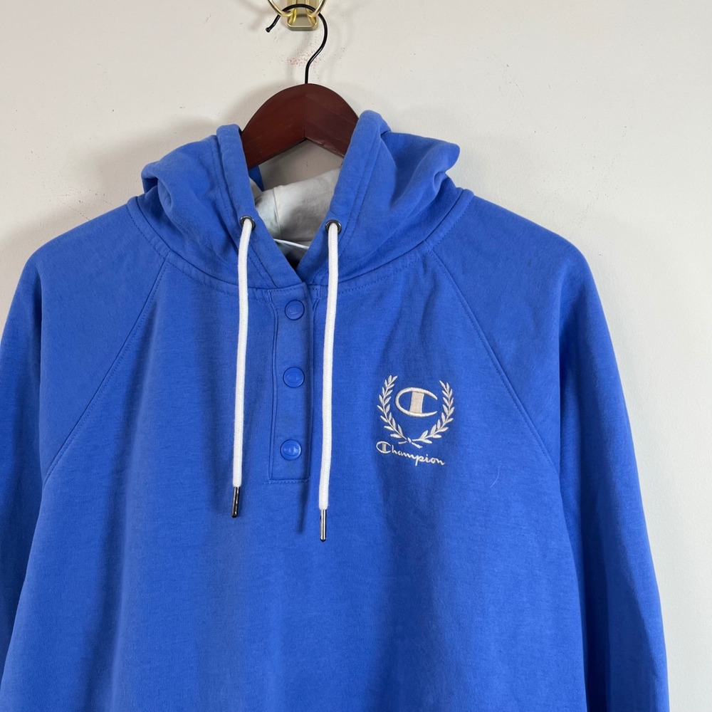Y2K Champion Henley Hoodie Sweatshirt Embroidered Logo Blue XL Athleisure - Picture 4 of 7